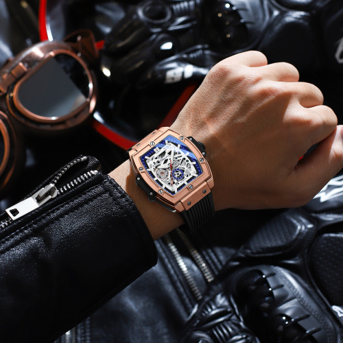 Dawn barrel square fully automatic mechanical watch high-end hollow transparent bottom silicone strap waterproof luminous men's watch