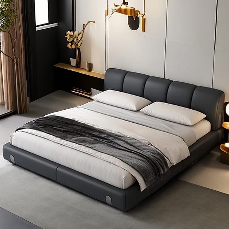 Fábrica de suministro de diseño minimalista italiano cama de cuero real 1.8m simple moderna pequeña cama doble dormitorio principal