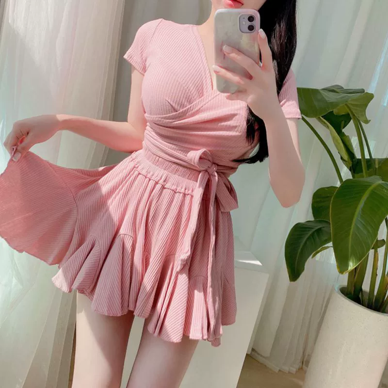 Sexy split solid swimwear for students, with short sleeve, slim fit