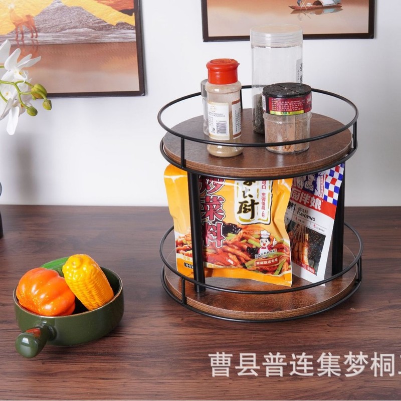 現物回転可能調味料棚鉄木結合二重棚木製円形果物セット収納棚|undefined