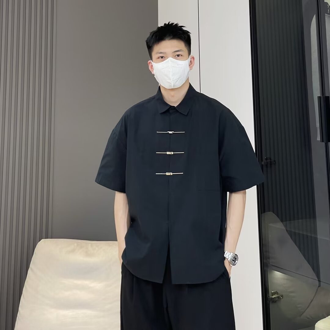 New Chinese Style Ice Silk Short-Sleeve Men's Shirt, Trendy and Handsome Summer Design with Airplane Button, High-End Tang Suit Jacket Top