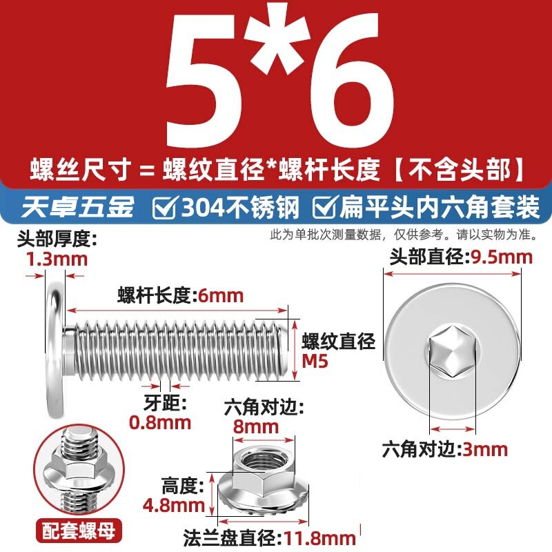 304不锈钢CM大平头超薄头C头扁平头内六角螺丝钉法兰边螺母套装M5|undefined