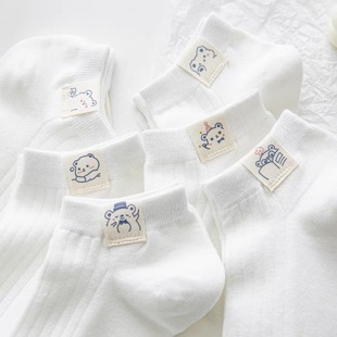White Women's Socks, Japanese Cute Cartoon Low-Cut Simple Fabric Label Bear Ankle Socks, Thin Spring and Summer Trendy