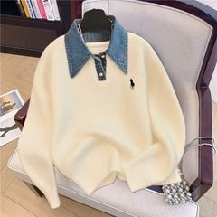 新款美式学院风针织衫拼接牛仔polo领假两件宽松外套女长袖上衣潮
