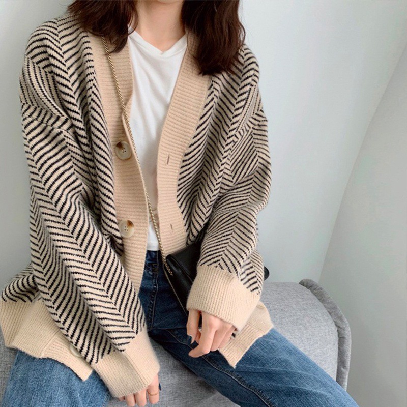 秋冬加厚宽松慵懒风外穿毛衣外套女韩版V领网红复古条纹针织开衫