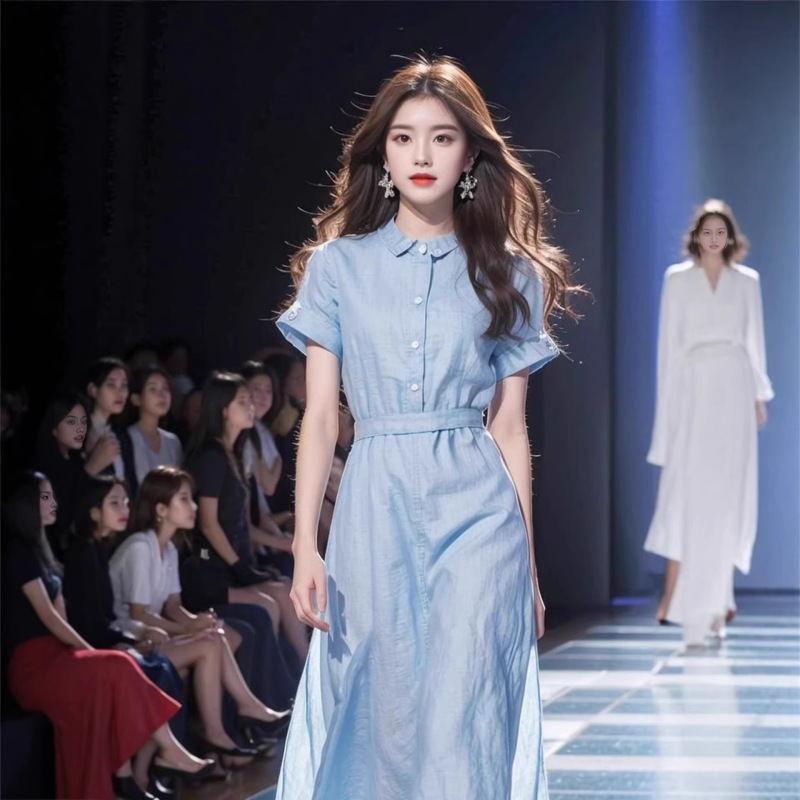 Brother's Boutique Quality Spring and Autumn New French Dopamine Style Waist-Cinching High-End Exquisite Blue Cotton-Linen Dress Brother's Boutique Quality Spring and Autumn New French Dopamine Style Waist-Cinching High-End Exquisite Blue Cotton-Linen Dress