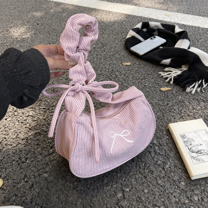2026 Autumn and Winter New Corduroy Pleated Underarm Bag for Women, Korean Style Bow Shoulder Bag, Fashionable and Versatile Small Bag