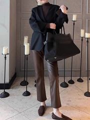 2025新款女装感显瘦休闲裤高腰裤子磨毛烟管裤九分裤PU皮裤女秋冬