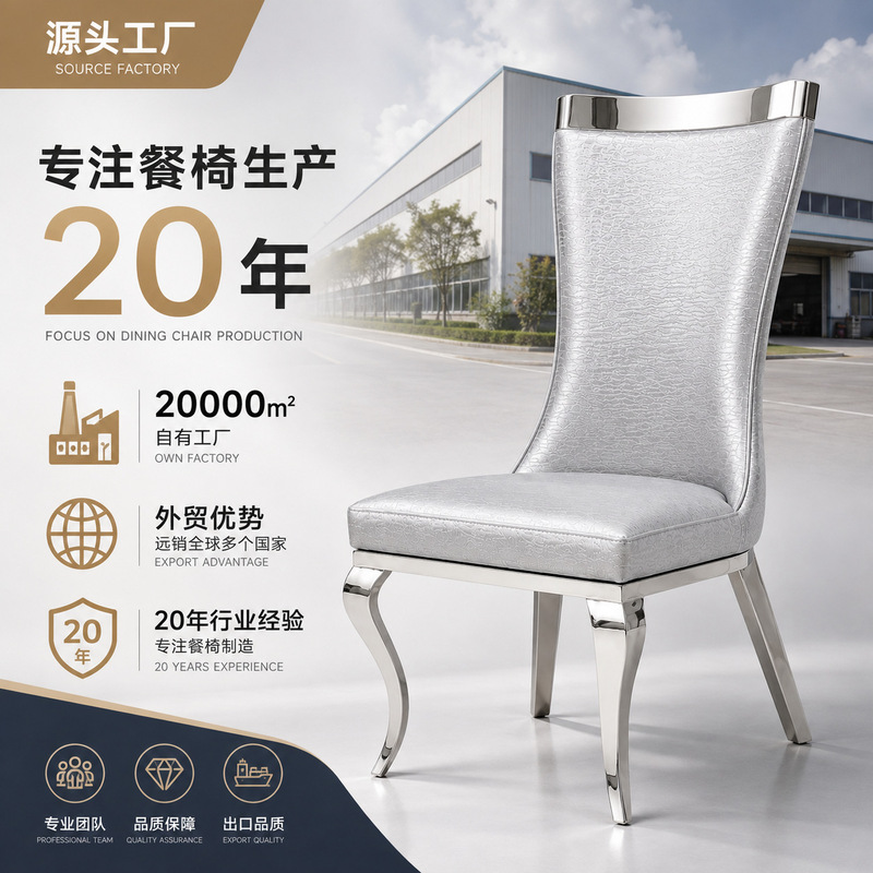 Luxury stainless steel high-back dining chair, hotel banquet restaurant chair, source manufacturer for project procurement, OEM customization