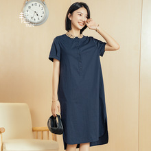 严选YUN韫夏季薄款翻领连衣裙女纯棉短袖宽松纯色休闲女士中长裙