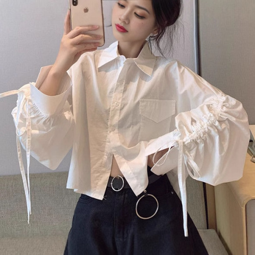 Designer V-Neck Top Spring and Autumn Chic French Babydoll Sweet Loose Fit Versatile Short Sleeve Top for Small Women