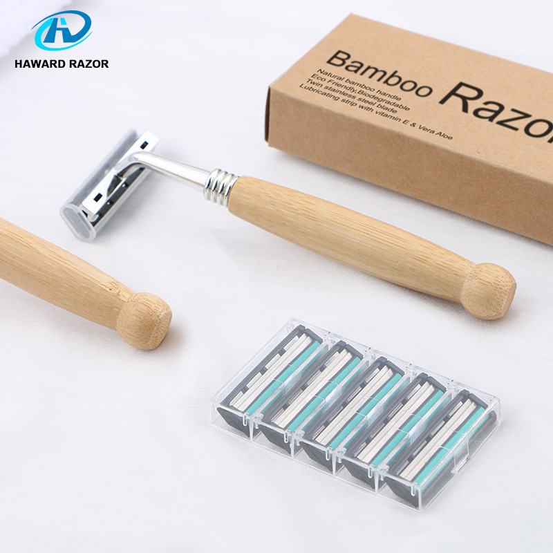 Homestay Hotel Hotel Wooden Handle Disposable Razor Manual Stainless Steel Razor Bamboo Handle 2 Layer Razor