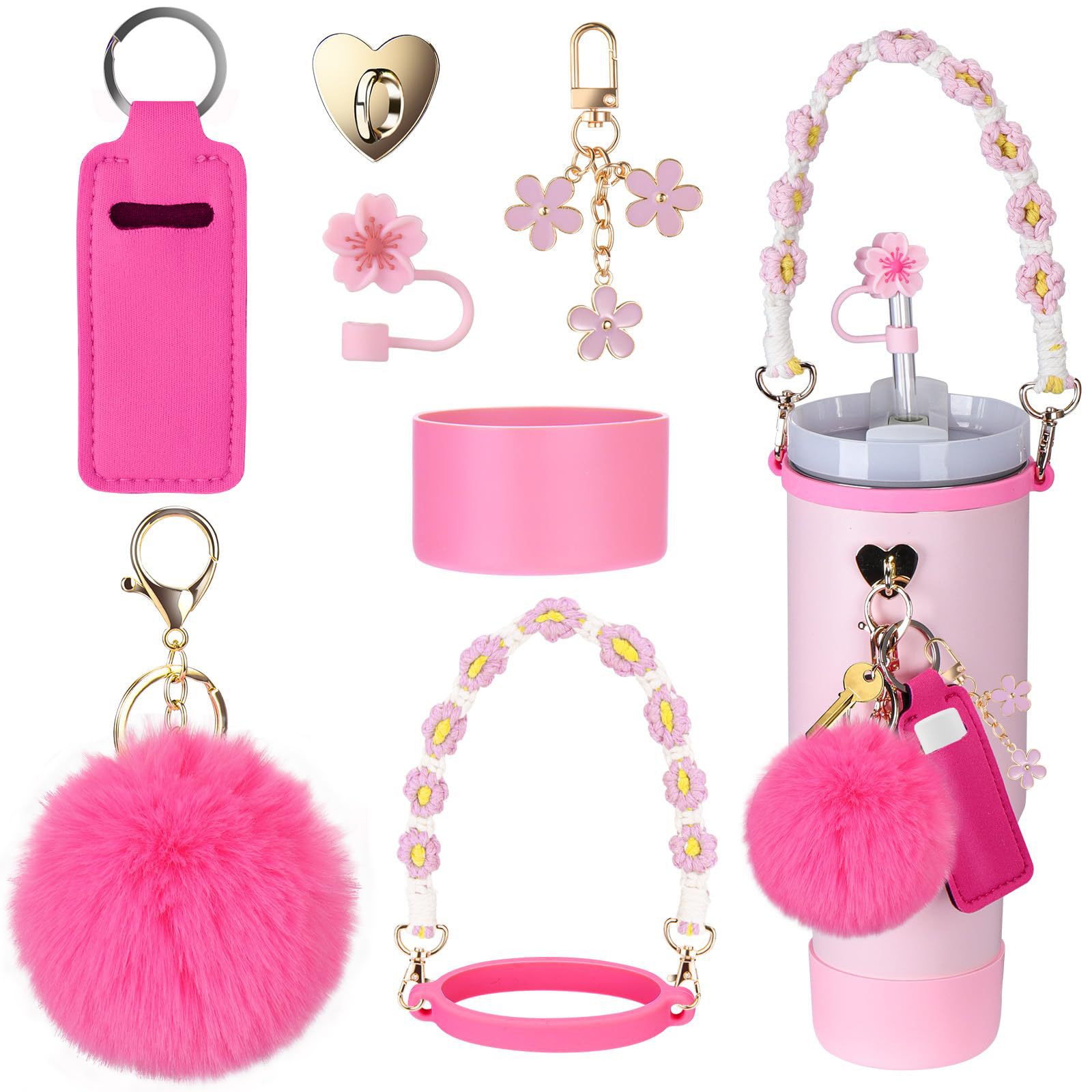 Conjunto de 8 piezas de taza Stanley colgantes Begonia gorra de paja cadena taza bolsas de lápiz labial bola de lana flor tapones de polvo