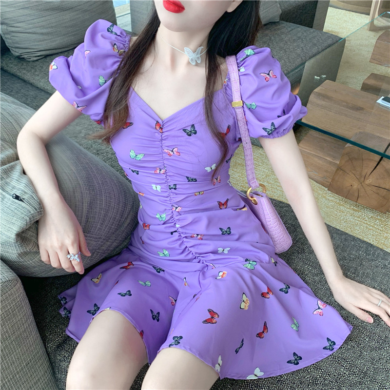 Retro butterfly printing violet Dress 2021 summer new pattern Waist fold clavicle puff sleeve Short skirt
