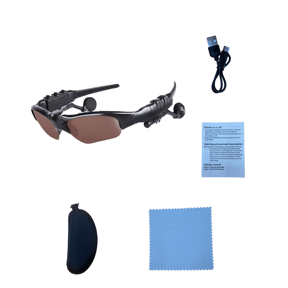 Montura negra con lentes marrones (incluye funda de cuero, paño para gafas, manual, hilo).