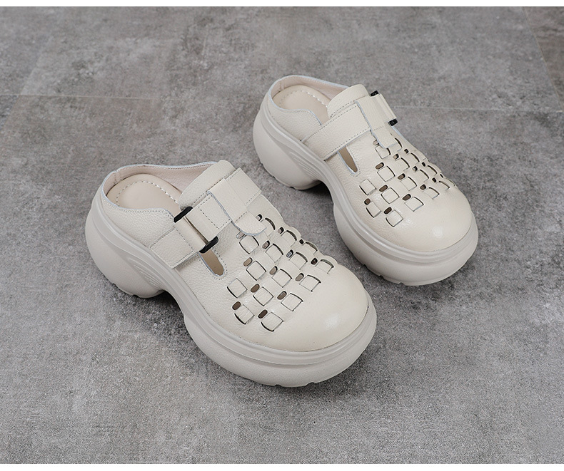 Sandal cao gót nữ mũi nhọn đế dày, phong cách thủ công dân tộc, gót 9 cm — màu be chi tiết 14