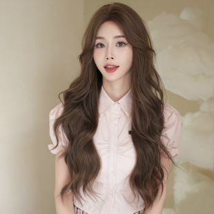 Wig Women's Long Curly Hair Mid-wave Whole Top Headgear Cross-border Japanese and Korean New Chemical Fiber Artificial Wig Tea Brown