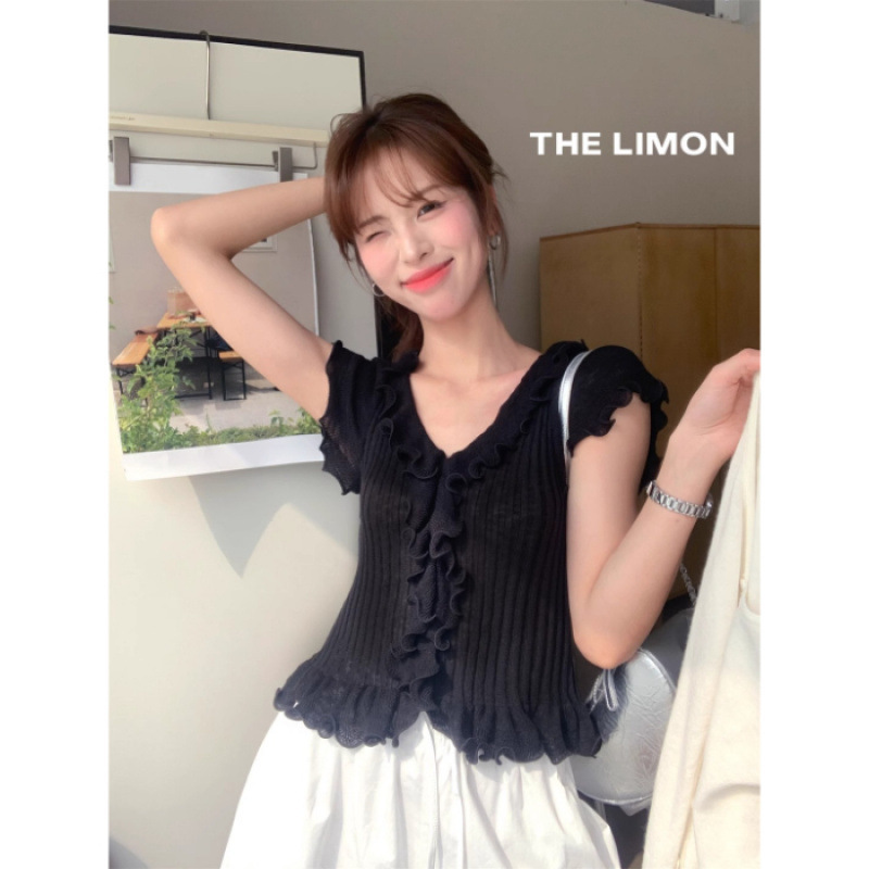 THE LEMON レモングリーンティー 2025 夏 フレンチマルチカラー キノコスリムニットセータートップス|undefined
