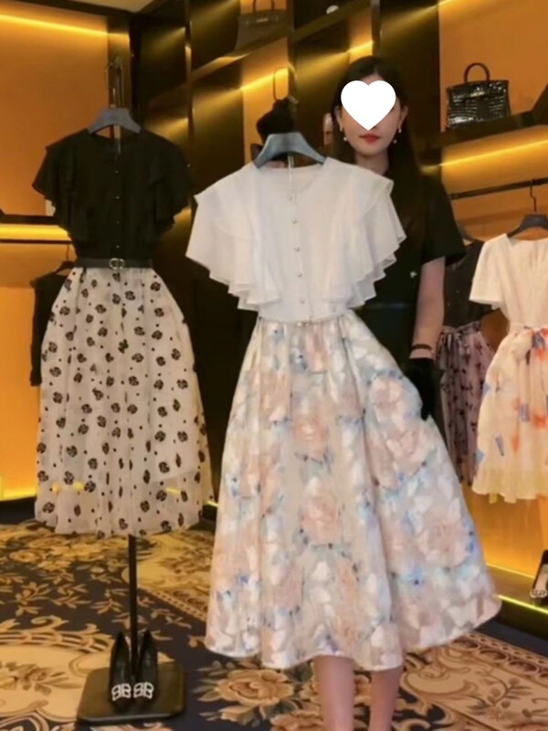 法式轻奢感连衣裙女2025年夏季拼接重工刺绣时尚荷叶袖礼服裙|undefined
