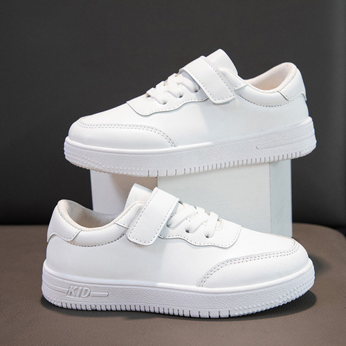 Children's Student Casual White Sneakers New Style Four Seasons Boys' Girls' Leather Mesh School Performance White Shoes Soft Bottom 