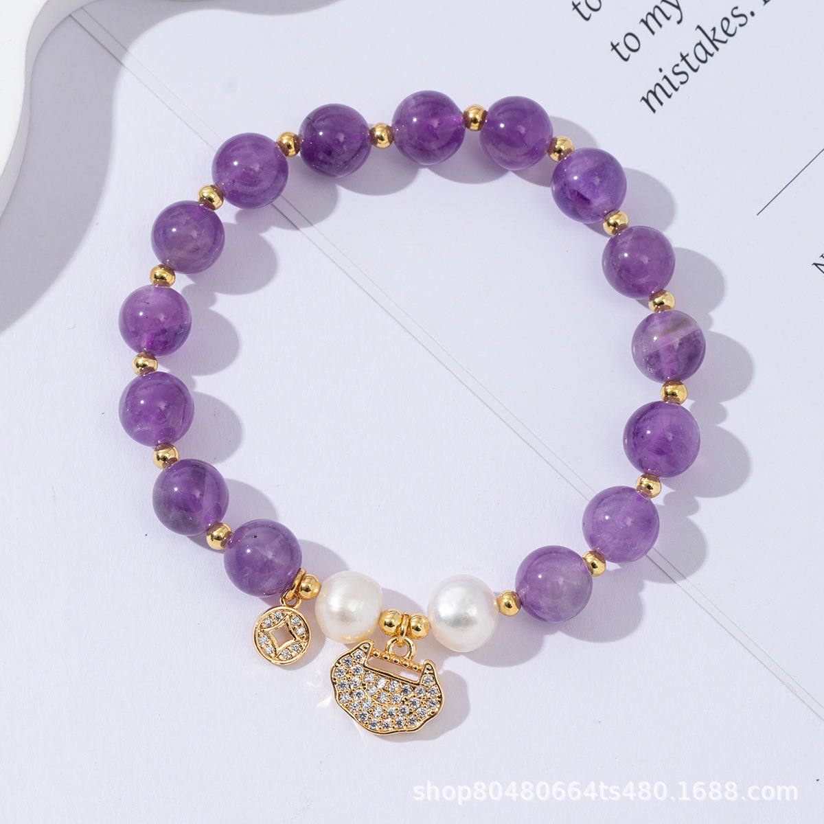 Brazalete de piedra natural amatista, brazalete de perlas de agua dulce chapado en oro real de cobre de 18 quilates, accesorios de piedra amista, joyas de alta calidad