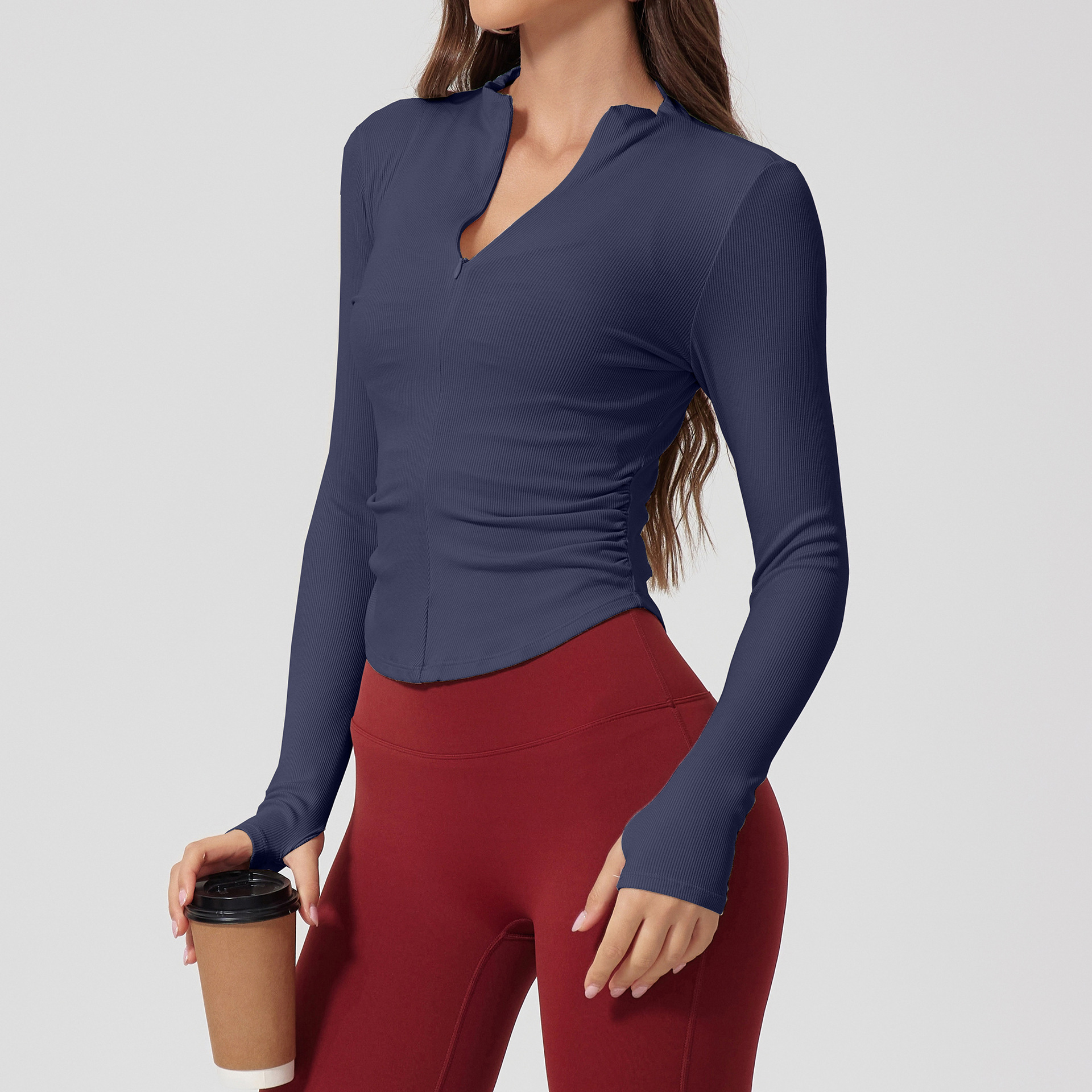 타이트 누드 긴팔 리브 티셔츠 요가복 아웃도어 스포츠 상의 신축성 슬림 하프 지퍼 트레이닝 수트