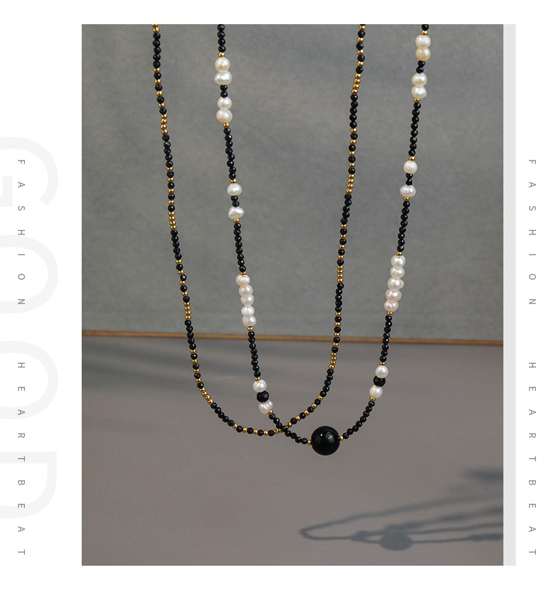 Linglang Retro Handmade Black Agate Beaded Necklace Black Spinel Necklace Pear Necklace Layering Necklace