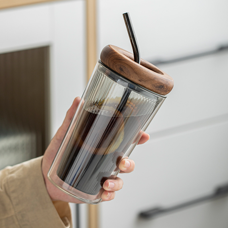 Ins-Style High-Quality Glass Straw Cup, Large Capacity Office Double-Layer Water Cup, High Temperature Resistant Coffee Cup with Lid