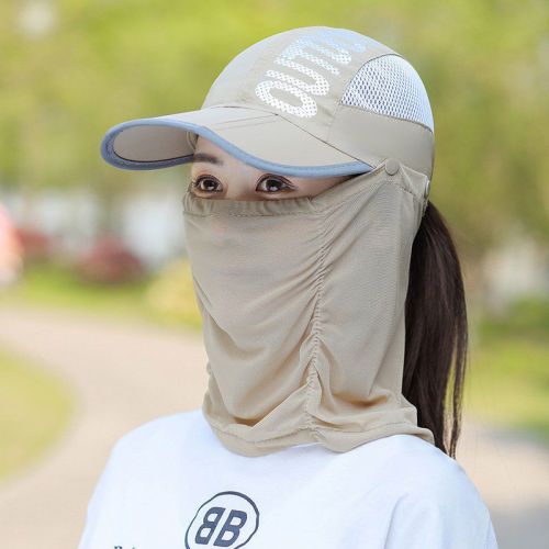 Outdoor neck protection quick-drying sun protection mask double mesh peaked cap mask hat two-in-one hollow top folding sun visor