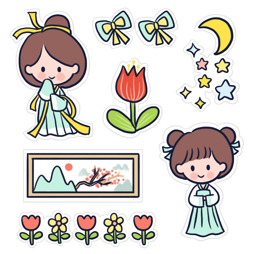 Cartoon sticker, laptop, book, DIY, for students