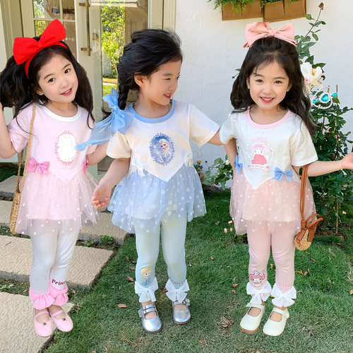  Girls' New Summer Clothes Snow Elsa Princess Melody Mesh Fashionable Versatile Cotton Short-Sleeved Two-piece Set
