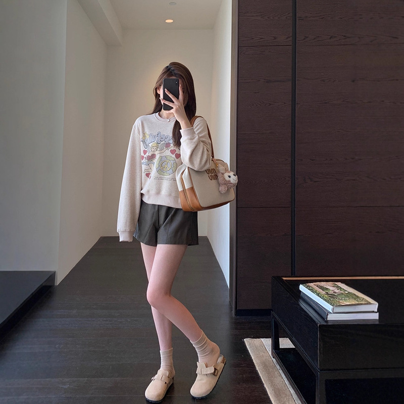 韩系减龄 品质毛圈棉印花套头卫衣短款上衣女2025秋冬新款603053|undefined
