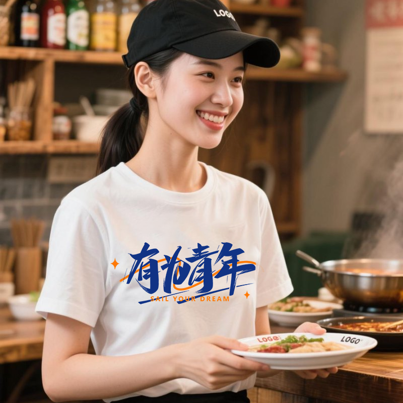 Waiter Work Clothes T-Shirt Custom Pure Cotton Short-Sleeved Summer Catering Hot Pot Milk Tea Barbecue Shop Employee Uniform DIY