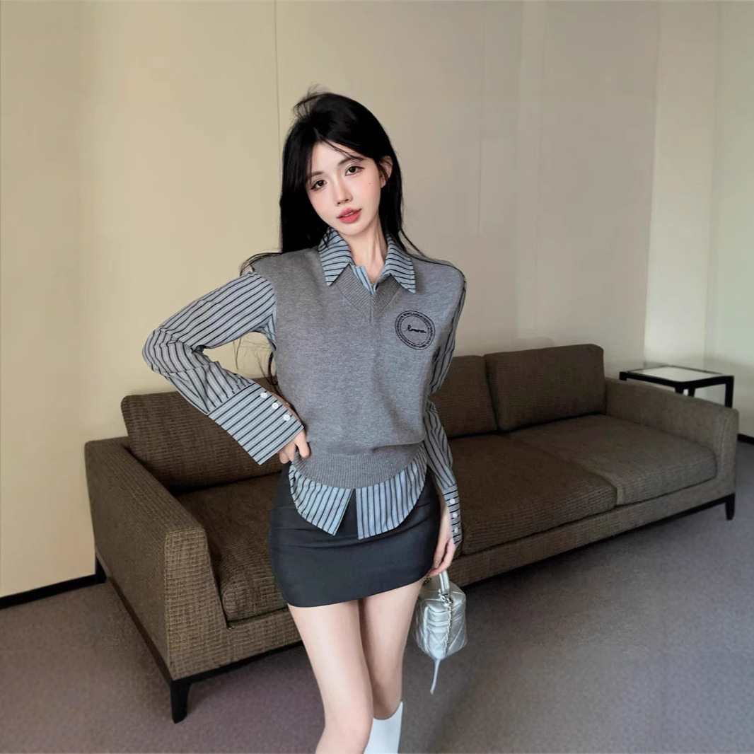 이른 가을 새로운 니트 조끼 스웨터 조끼 투피스 세트 대학 스트라이프 셔츠 스택 패션 슬림