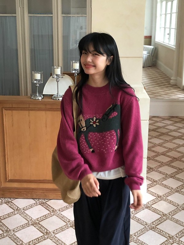 韩系少女卡通小马提花圆领套头毛衣女秋冬宽松时尚减龄针织衫上衣|undefined