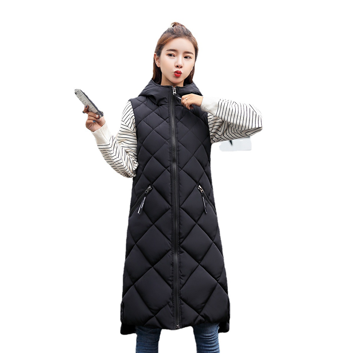 thumbnail image 4 of Chaleco de algodón de longitud media para mujer, otoño e invierno, con capucha de algodón, sin mangas, estilo chaleco, chaqueta acolchada de algodón, 4 of 6
