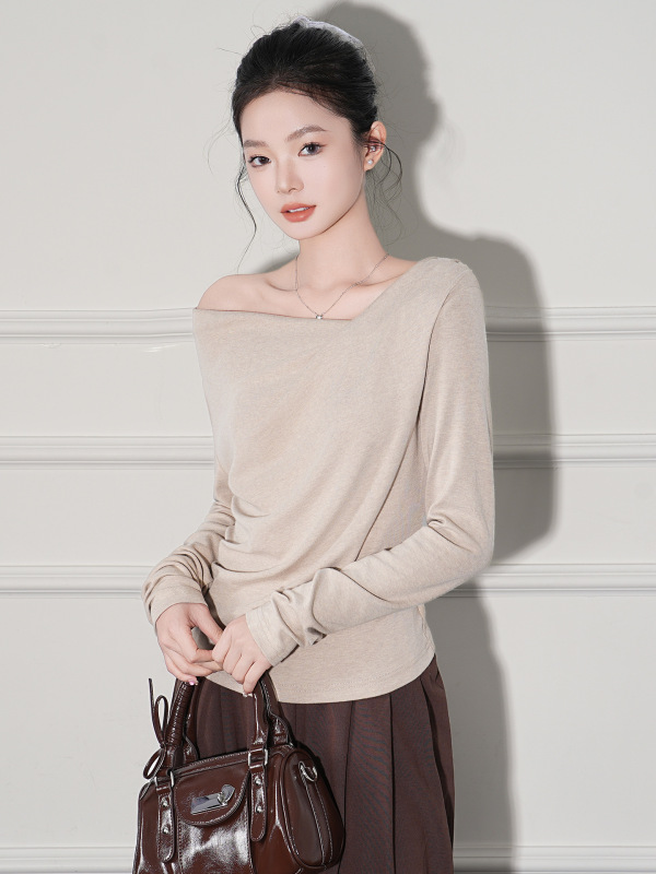 季优 荡领斜肩打底衫T恤女内搭秋冬季纯欲修身独特别致设计感上衣|undefined