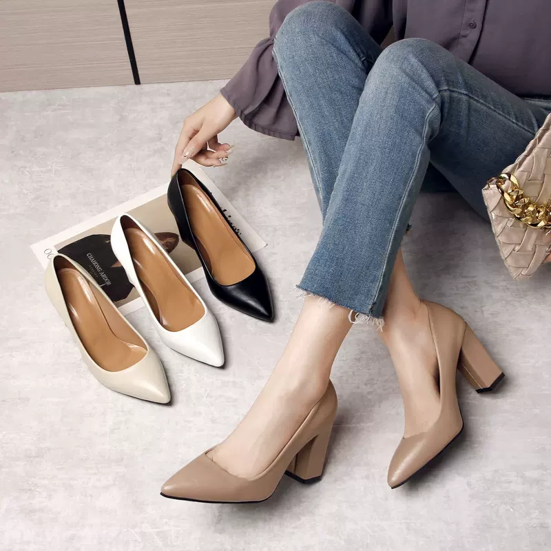 时装单鞋女粗跟2025秋季新款尖头工作鞋浅口一脚蹬韩版高跟简约