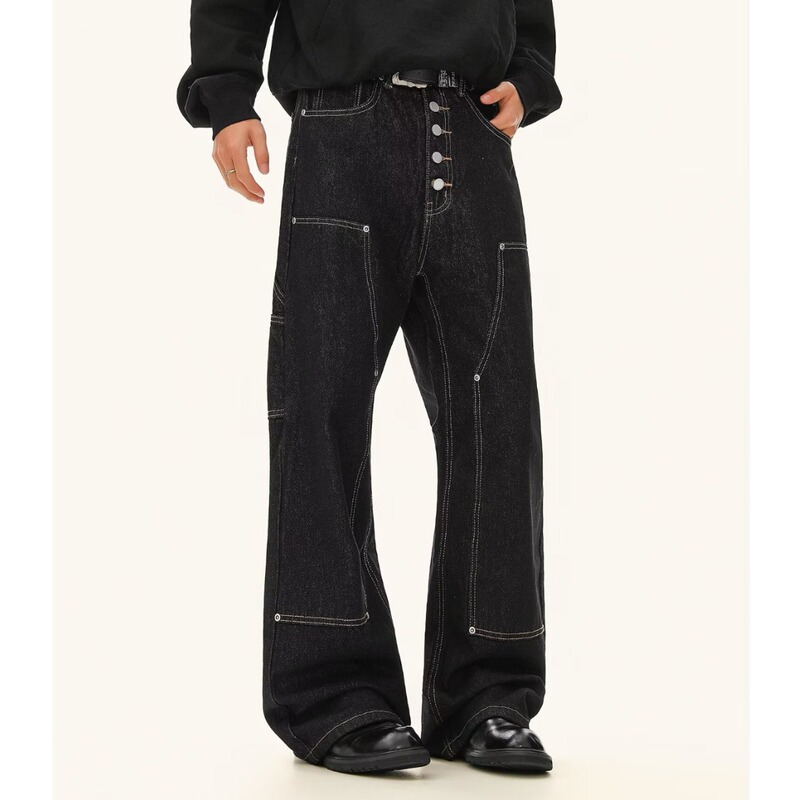 Black Button Design Jeans for Men and Women, American Street Style Raw Denim Workwear Style Niche Loose Wide-Leg Logging Pants
