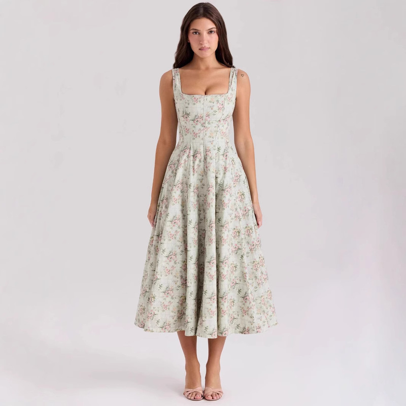 Hcb Same Style European and American Summer Off-Shoulder Strap Slim High-Waisted Mid-Length Dress with Print Factory Direct Sale