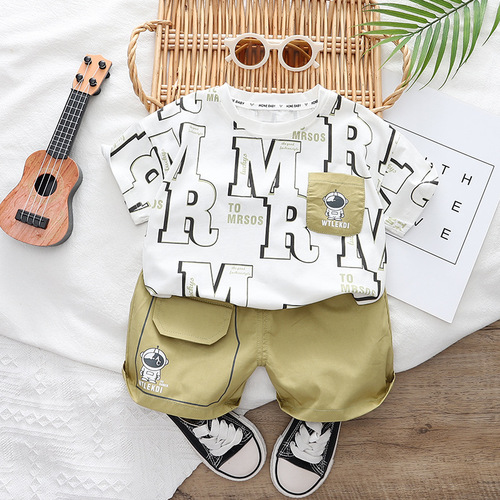  Summer New Boys Full Print Letter Crew Neck Short Sleeve Set for Baby Boys Casual Shorts Two-Piece Dropshipping