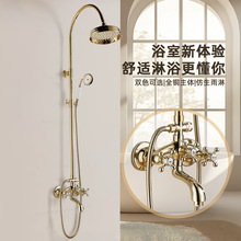 法式复古花洒套装铜制金色淋浴双把电话机冷热家用淋浴花洒套装