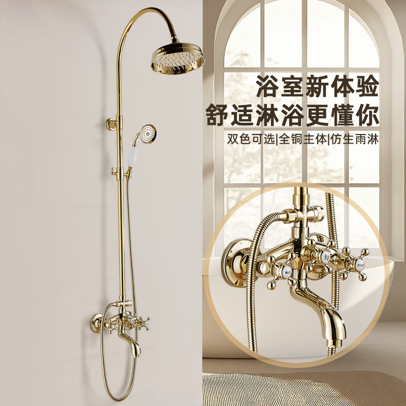 法式复古花洒套装铜制金色淋浴双把电话机冷热家用淋浴花洒套装