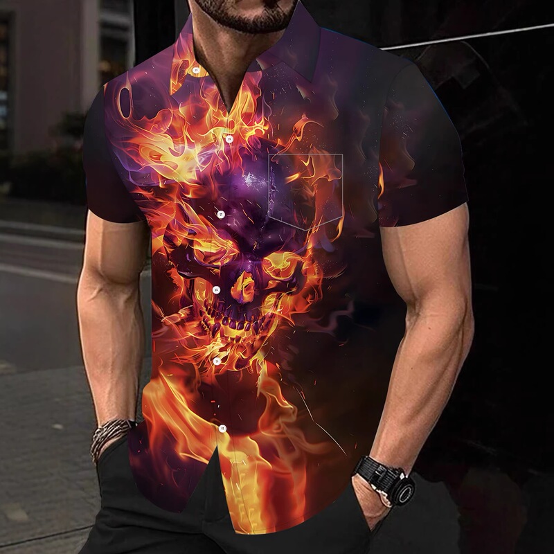 Personalized Street Style Summer Lightweight Breathable Men's Short-Sleeve Shirt with Flame Skull Print and Pockets Personalized Street Style Summer Lightweight Breathable Men's Short-Sleeve Shirt with Flame Skull Print and Pockets