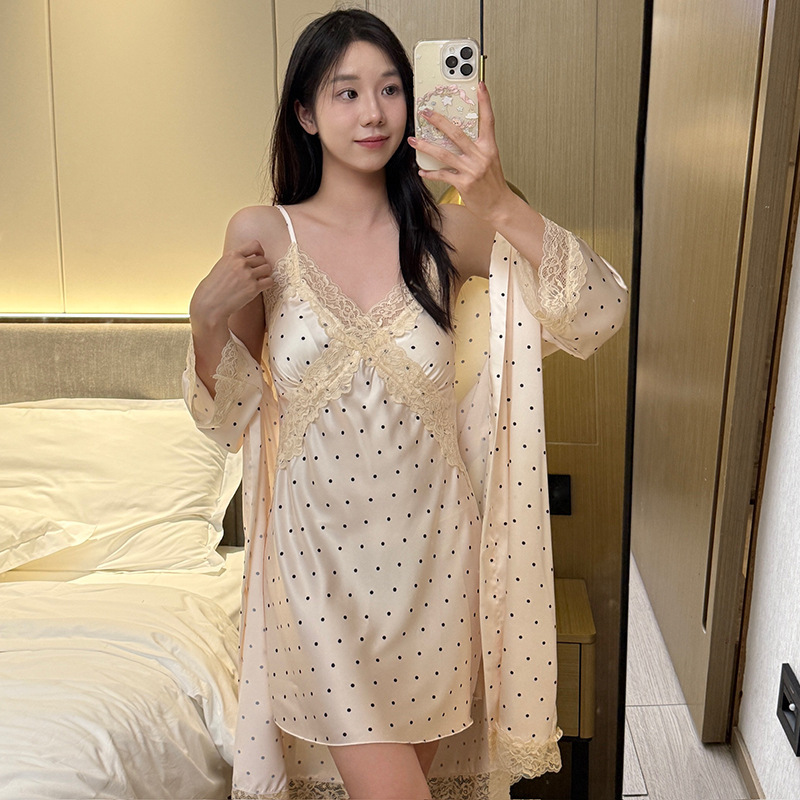 Women's Spring and Autumn Ice Silk Thin Long-Sleeve Camisole Nightgown and Robe Set, Summer Pure Desire Sexy Polka Dot Loungewear
