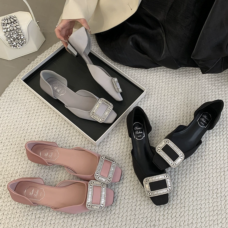 Huimei Silk Snowflake Buckle Shallow Mouth Shoes Feminine Style New Hollow Sandals Women's Low Heel Rhinestone Women's Shoes