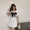 Bow square neck low cut waist solid color A-line umbrella swing skirt base skirt Short Sleeve Dress