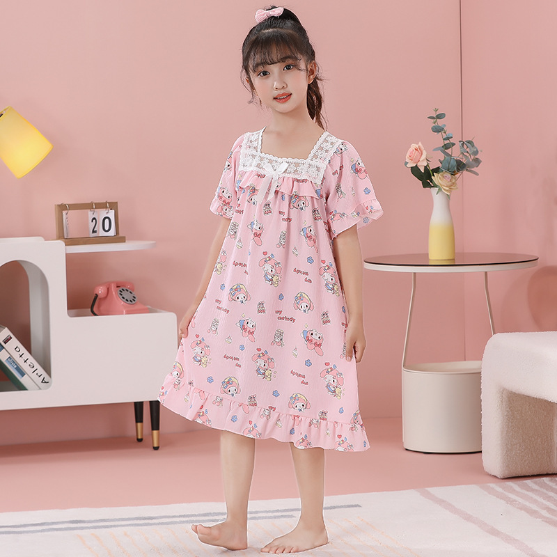 Girls' Nightgown Summer Short-sleeved Children's Pajamas Thin Clouds Cotton Palace Style Princess Little Girl Big Boy Home Clothes