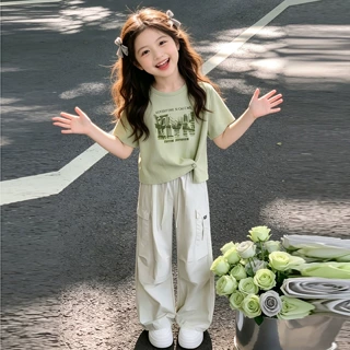 女童夏装套装2026新款儿童洋气短袖T恤夏季女孩时髦工装裤两件套