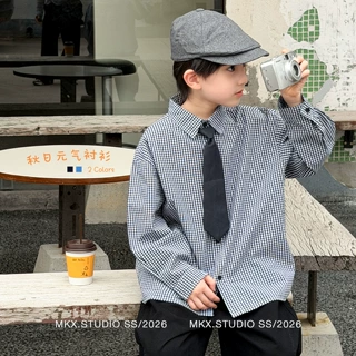 童装男童衬衫春秋款2026秋季新款中大童时尚儿童纯棉格子衬衣批发